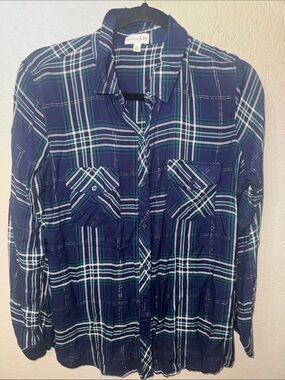 Maison Jules Navy and Teal Plaid Button-Down Shirt